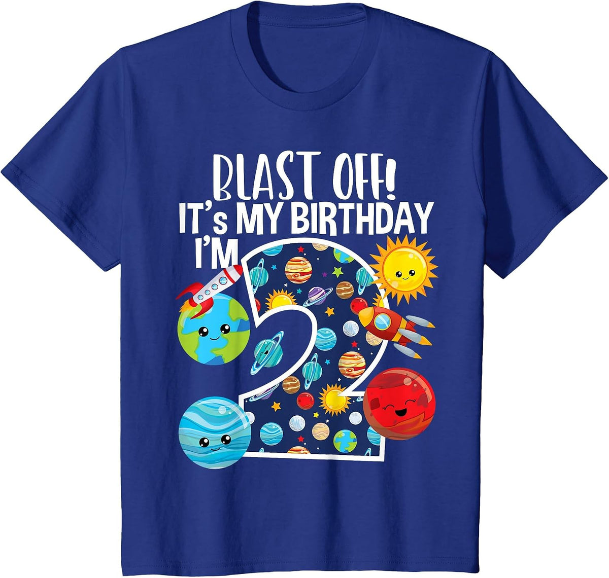 Space Planets Funny Solar Space 2nd Birthday Party 2 Yrs Old T-Shirt - Royal Blue