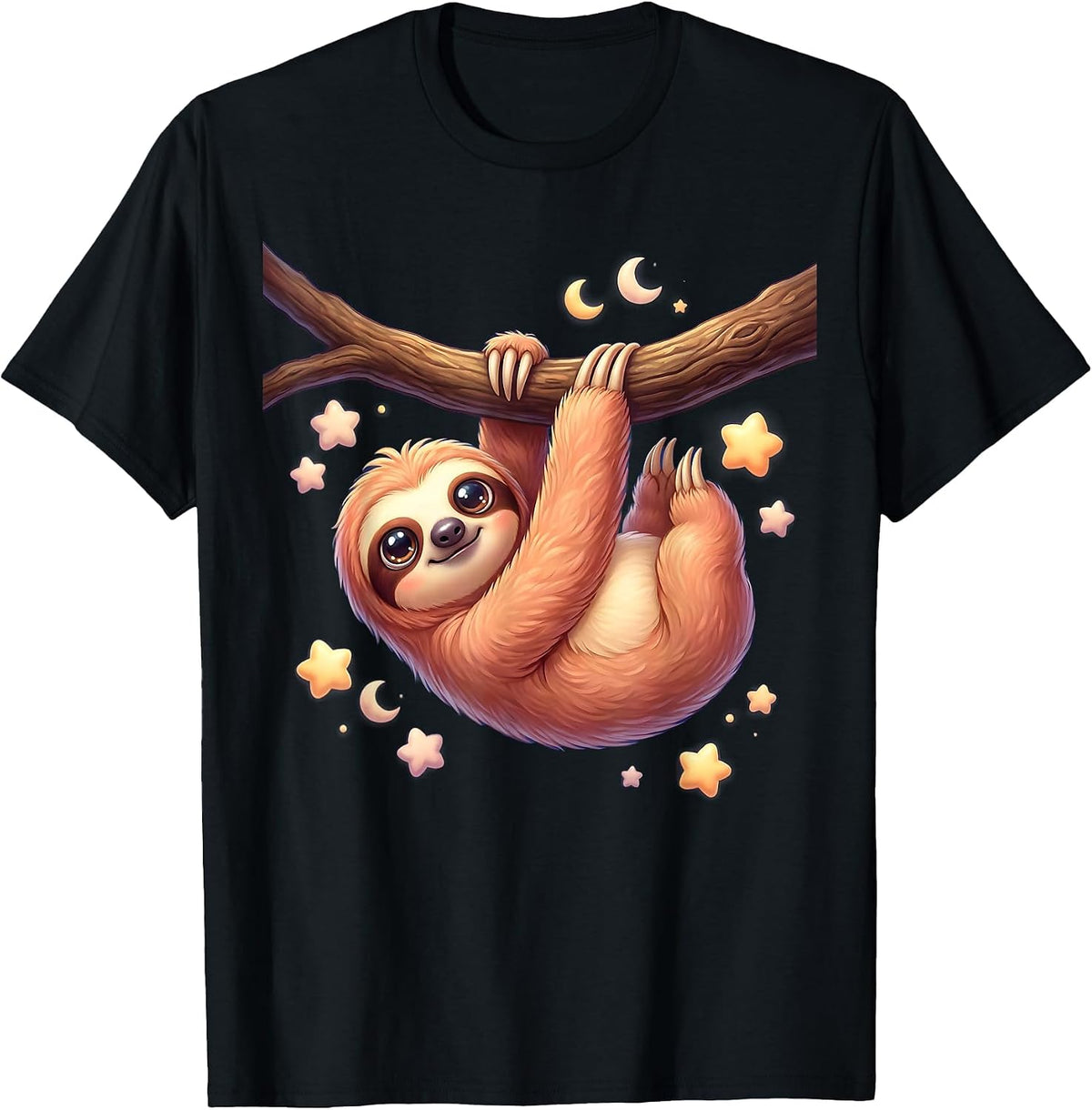 Men's Sloth Hanging From Branch Under Starry Night Sky T-Shirt - Black