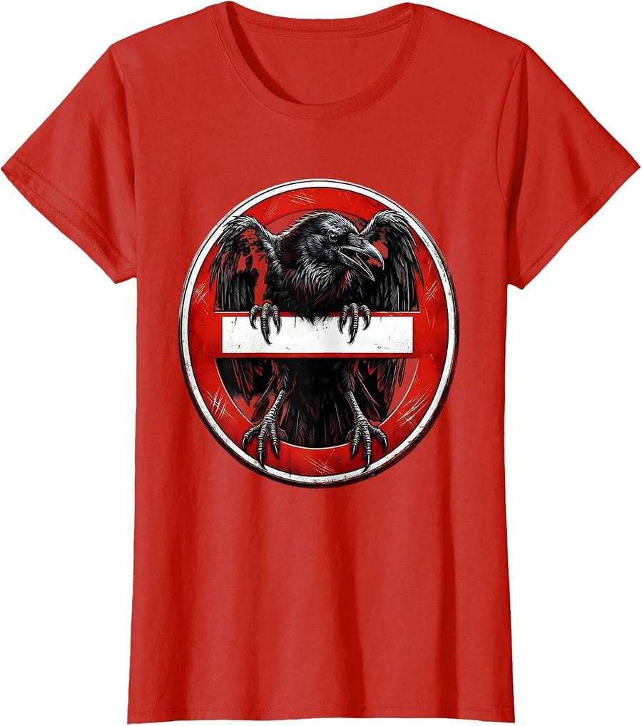 Women's Fawk Off Crow Perched on No-Entry Sign T-Shirt - Red