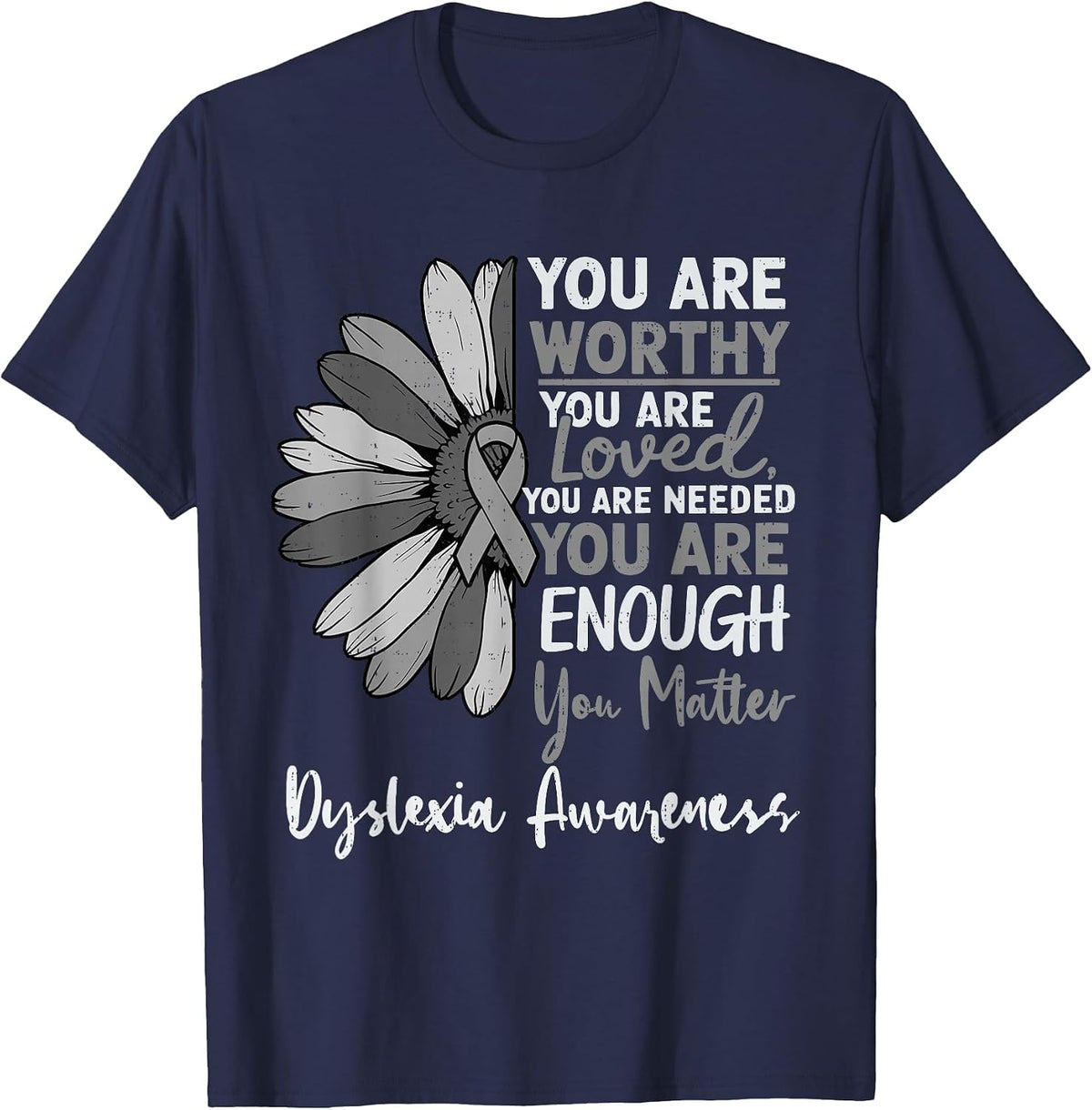 Motivational Dyslexia Awareness Ribbon Silver Specialist T-Shirt - Navy Blue