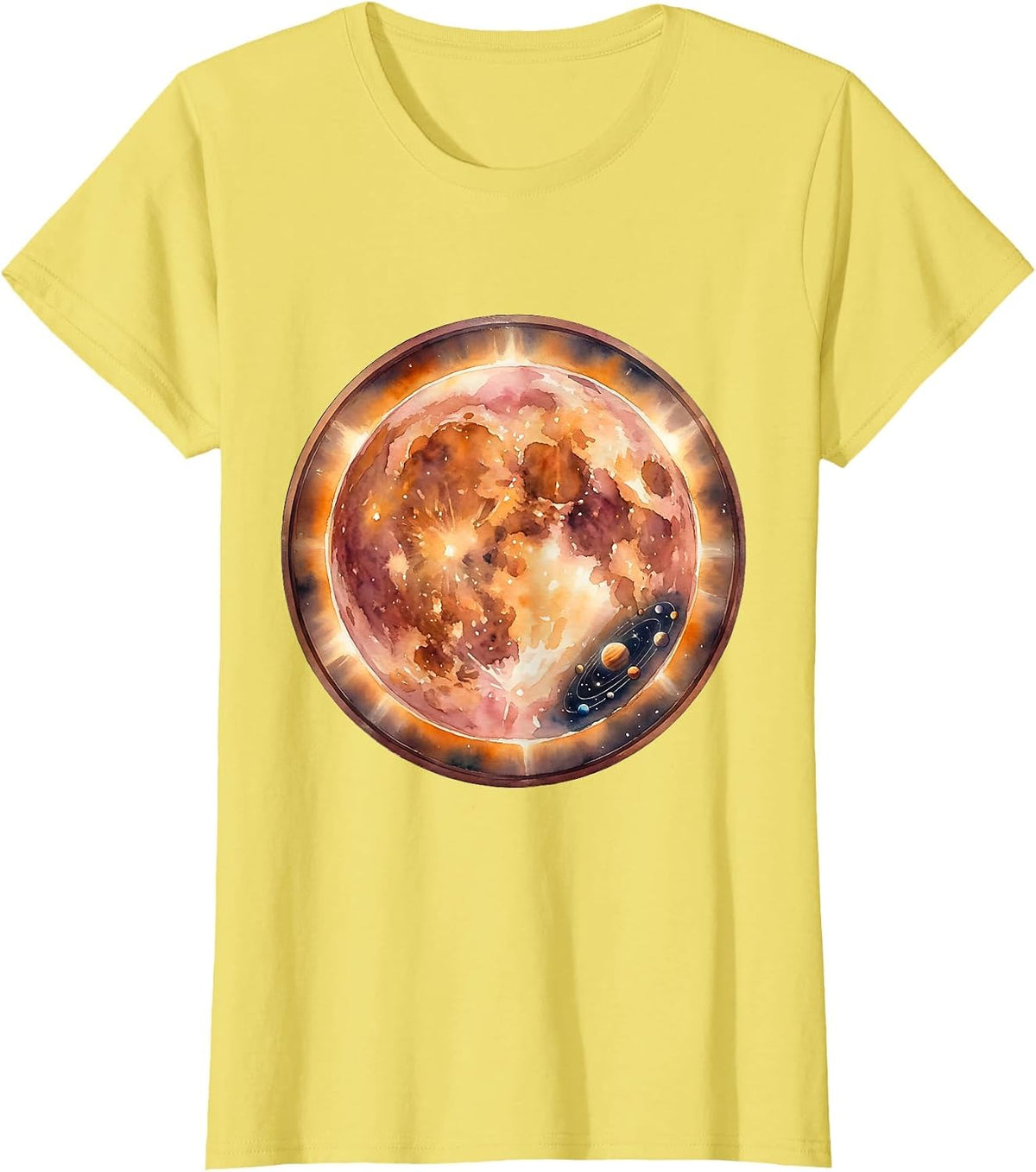 Women's Giant Star Dwarfing Tiny Solar System Illustration T-Shirt - Lemon Yellow