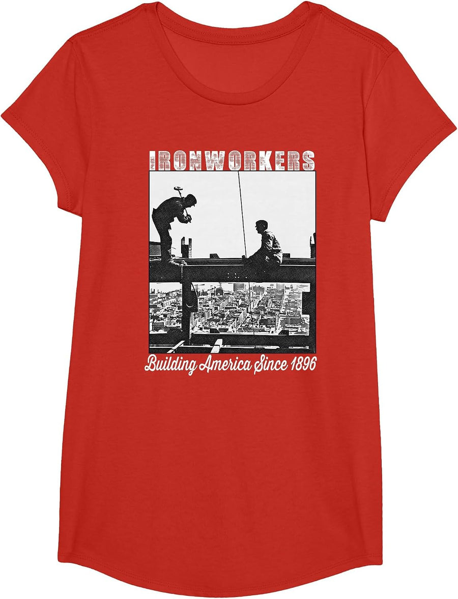 Ironworkers Since 1896 Working On Skyscraper Beam T-Shirt - Girls Red