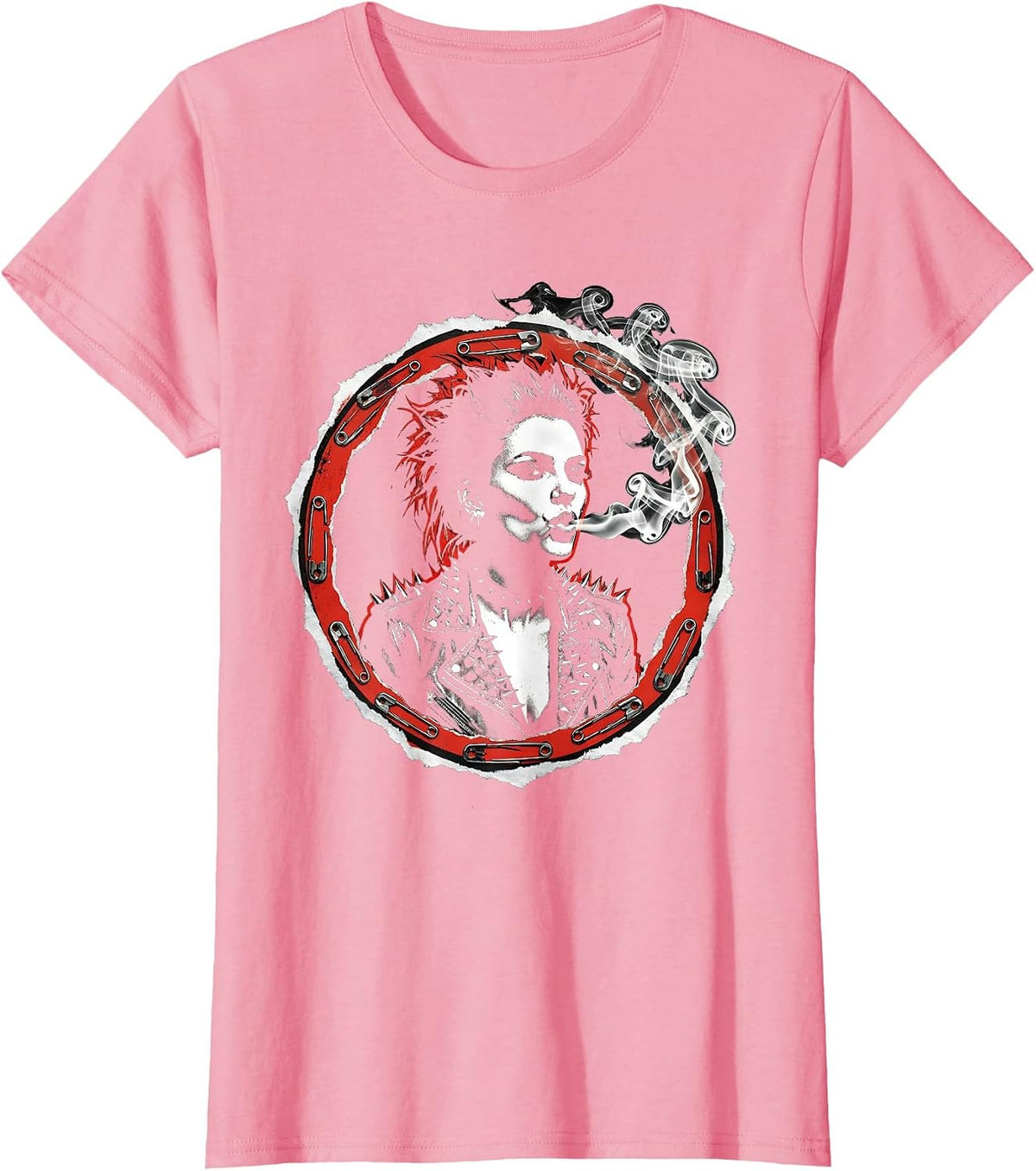 Women's Grunge Woman Blowing Smoke Ring Leather Jacket T-Shirt - Pink