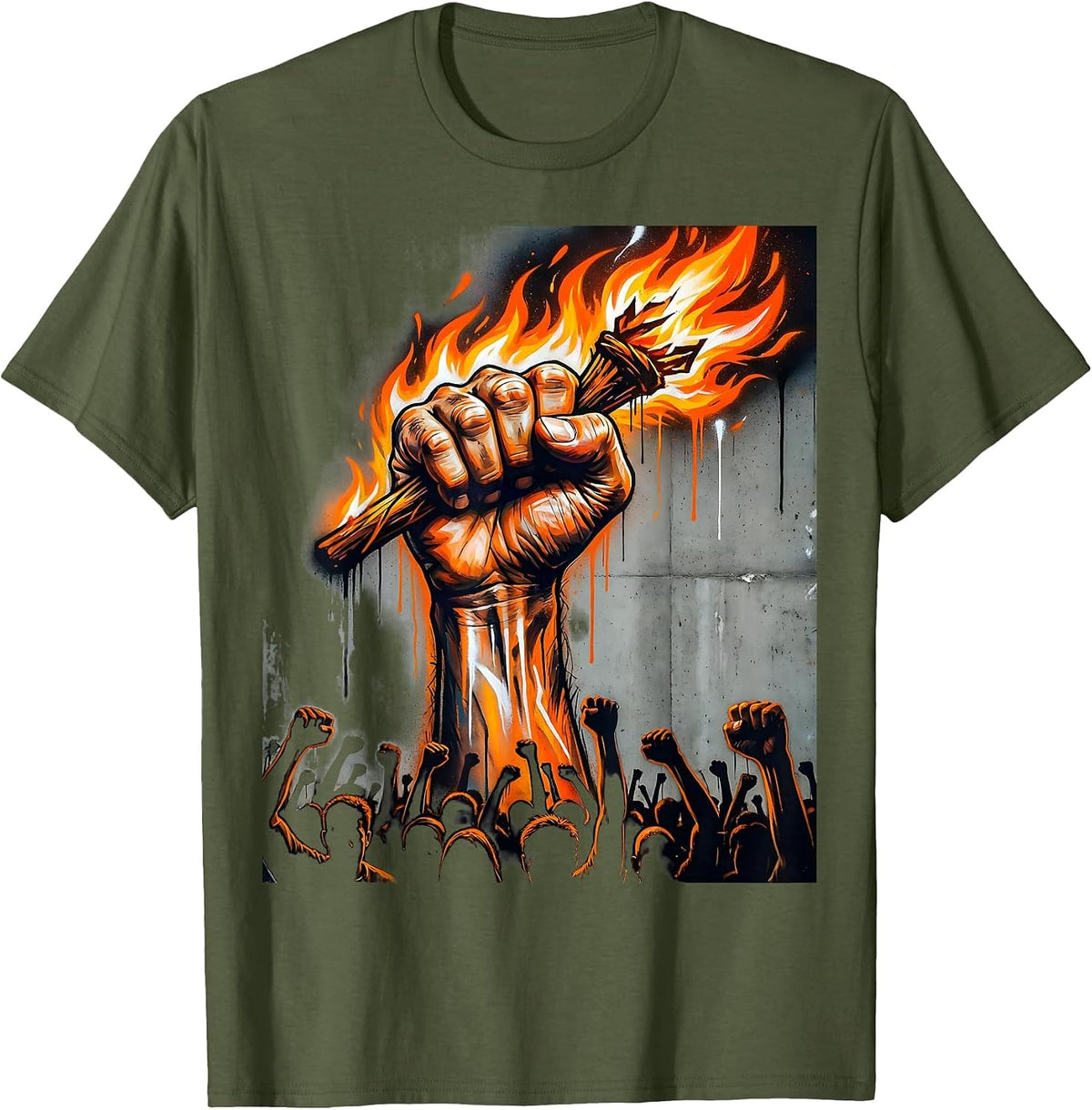 Men's Free Speech Torch Bearer Crowd Illustration T-Shirt - Olive Green