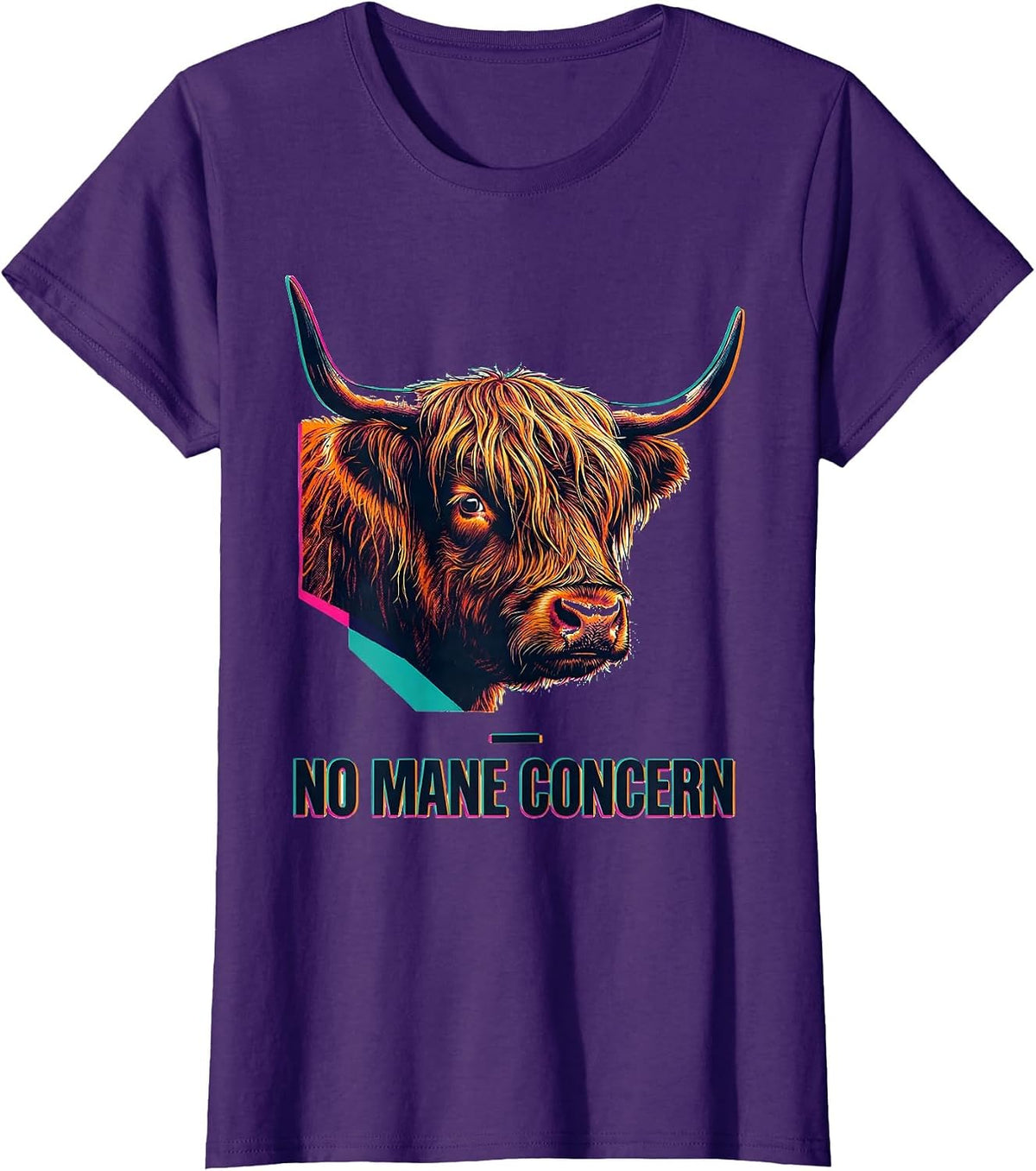 Women's No Mane Concern Funny Highland Cow Farm Animal Lover Humor T-Shirt - Purple