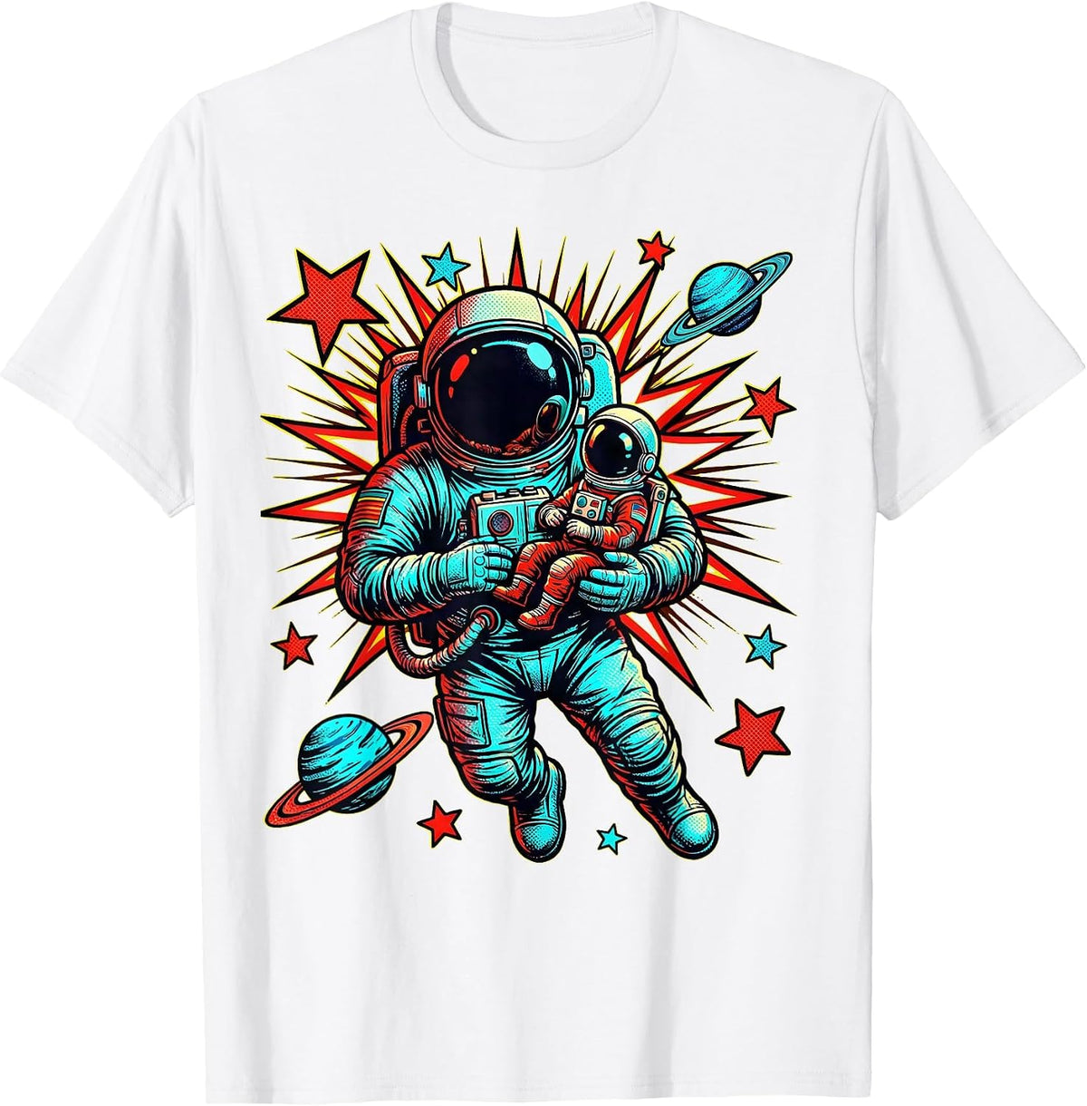 Men's Astronaut Dad and Child Floating in Space T-Shirt - White