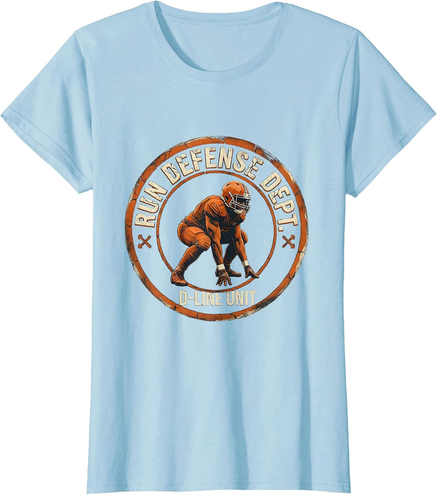 Women's Run Defense Dept. D-Line Unit Funny Football Lineman Humor T-Shirt - Baby Blue