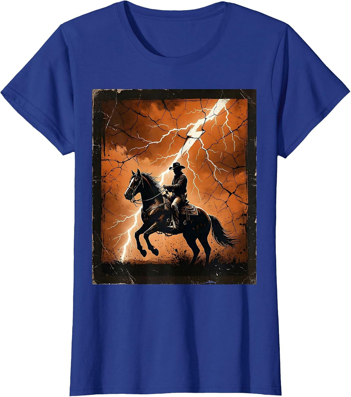 Women's Cowboy Riding Horse Through Lightning Storm T-Shirt - Royal Blue