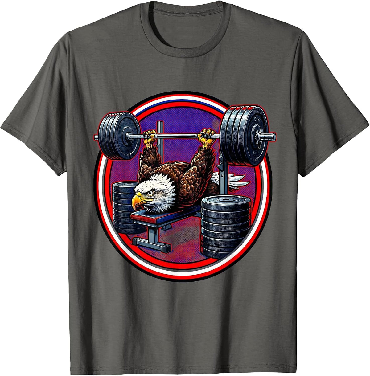 Bald Eagle Bench Press Funny Weightlifting Graphic T-Shirt - Asphalt Grey