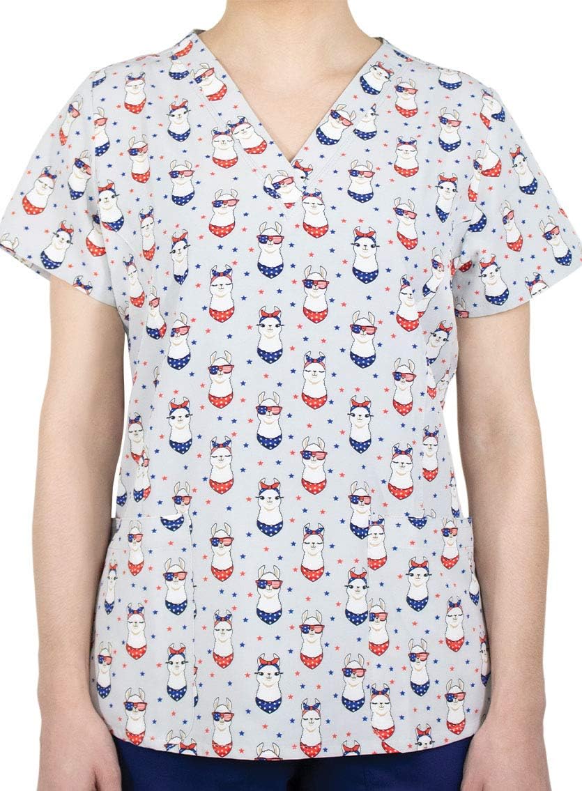 Maevn Women's Curved V-Neck Print Top (Have a Fabullama 4th, Medium) - As Pictured