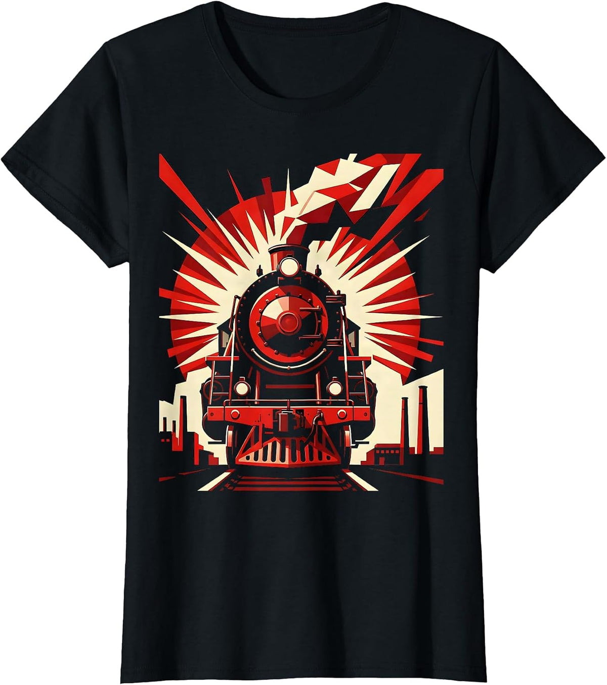 Women's Vintage Locomotive Labor Day Factory Smoke Art T-Shirt - Black
