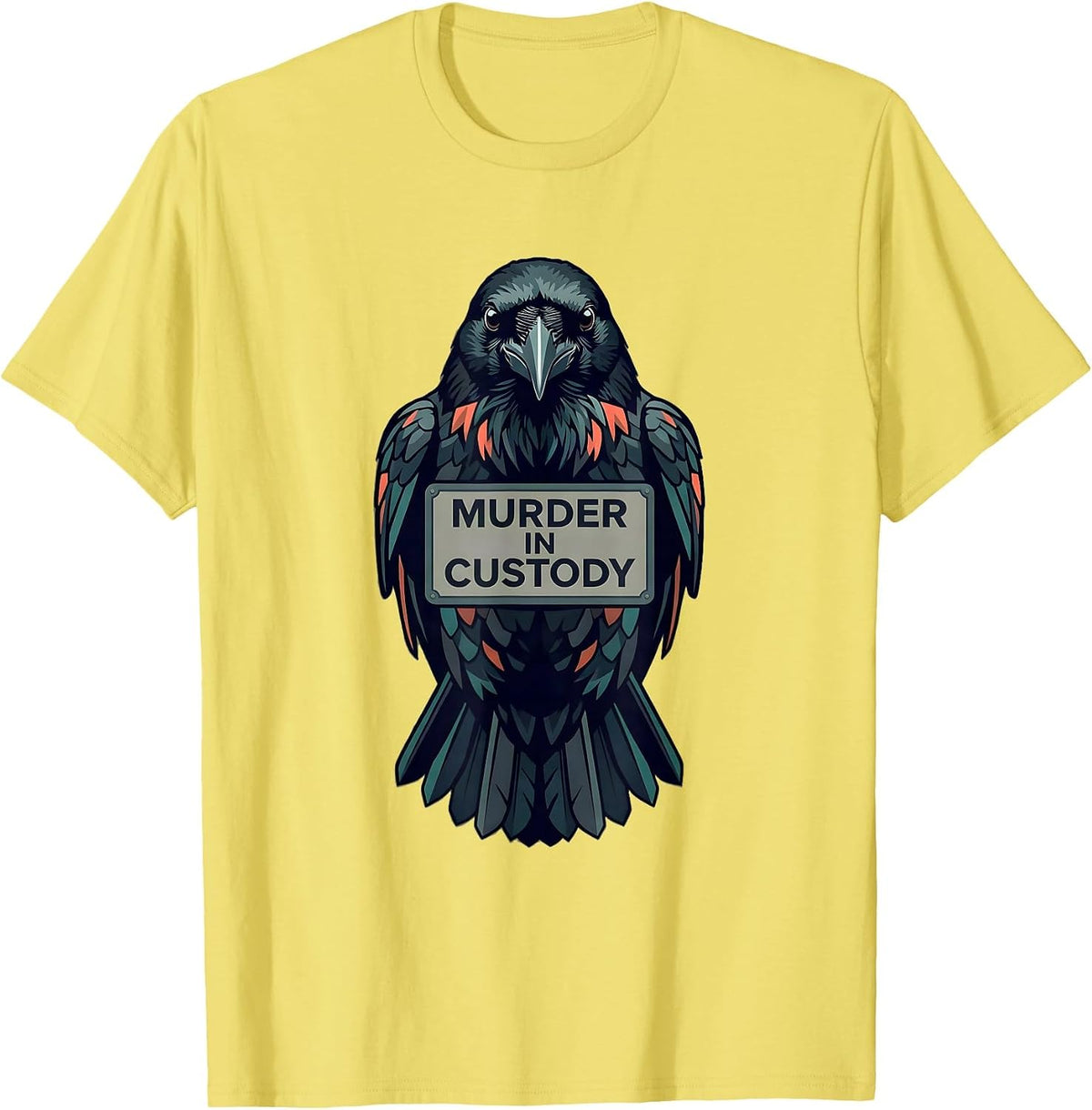 Men's MURDER IN CUSTODY Dark Humor Crow Lover Gothic Bird Pun T-Shirt - Lemon Yellow