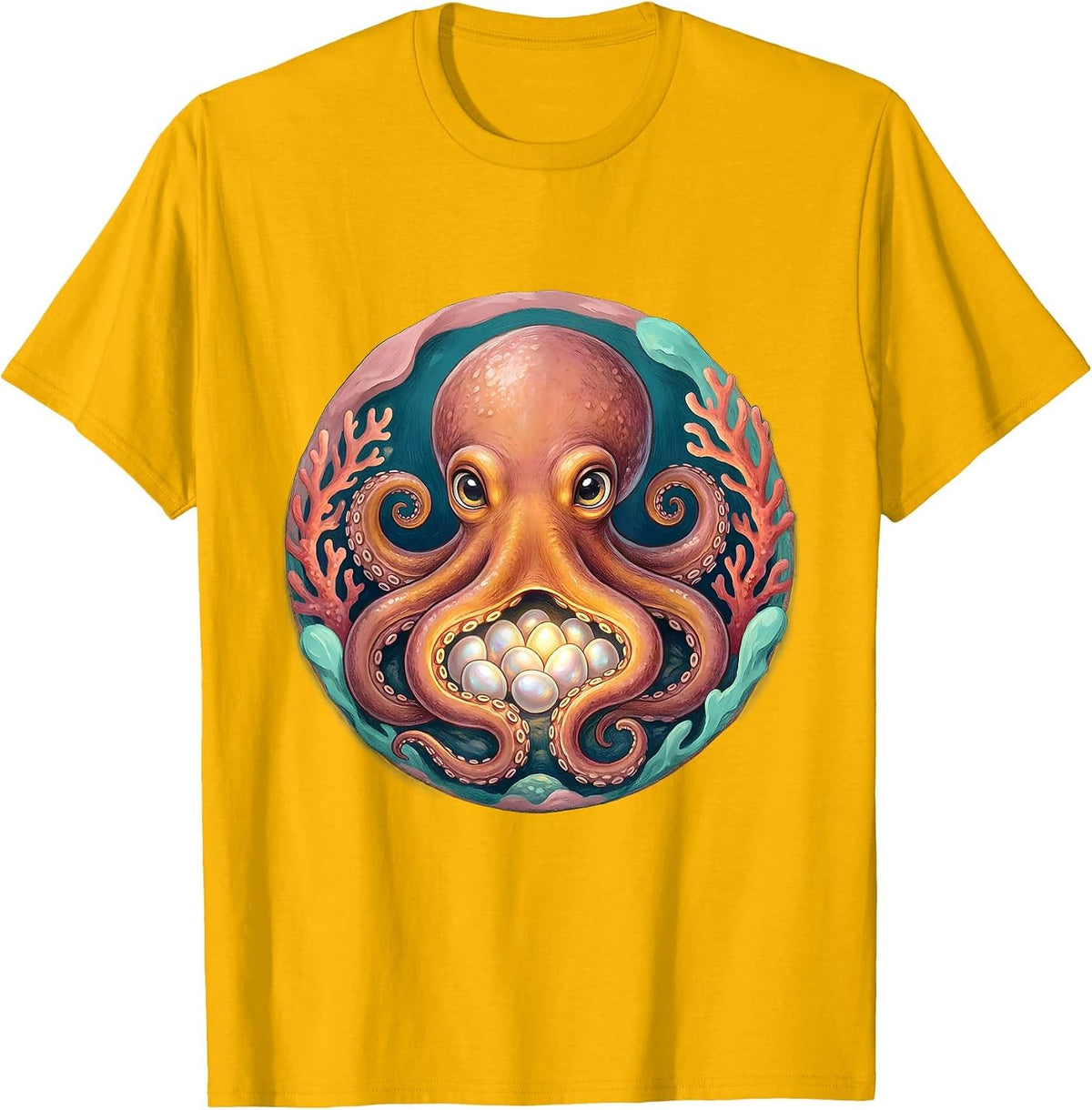 Men's Mother Octopus Sheltering Eggs Protective Mom Art T-Shirt - Golden Yellow