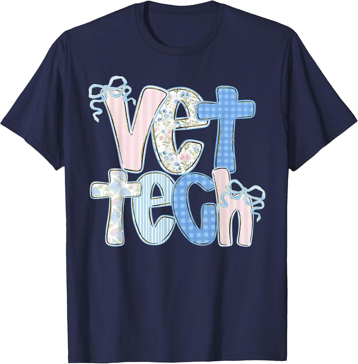 Vet Tech Floral Coquette Bow Veterinary Technician Women T-Shirt - Navy Blue
