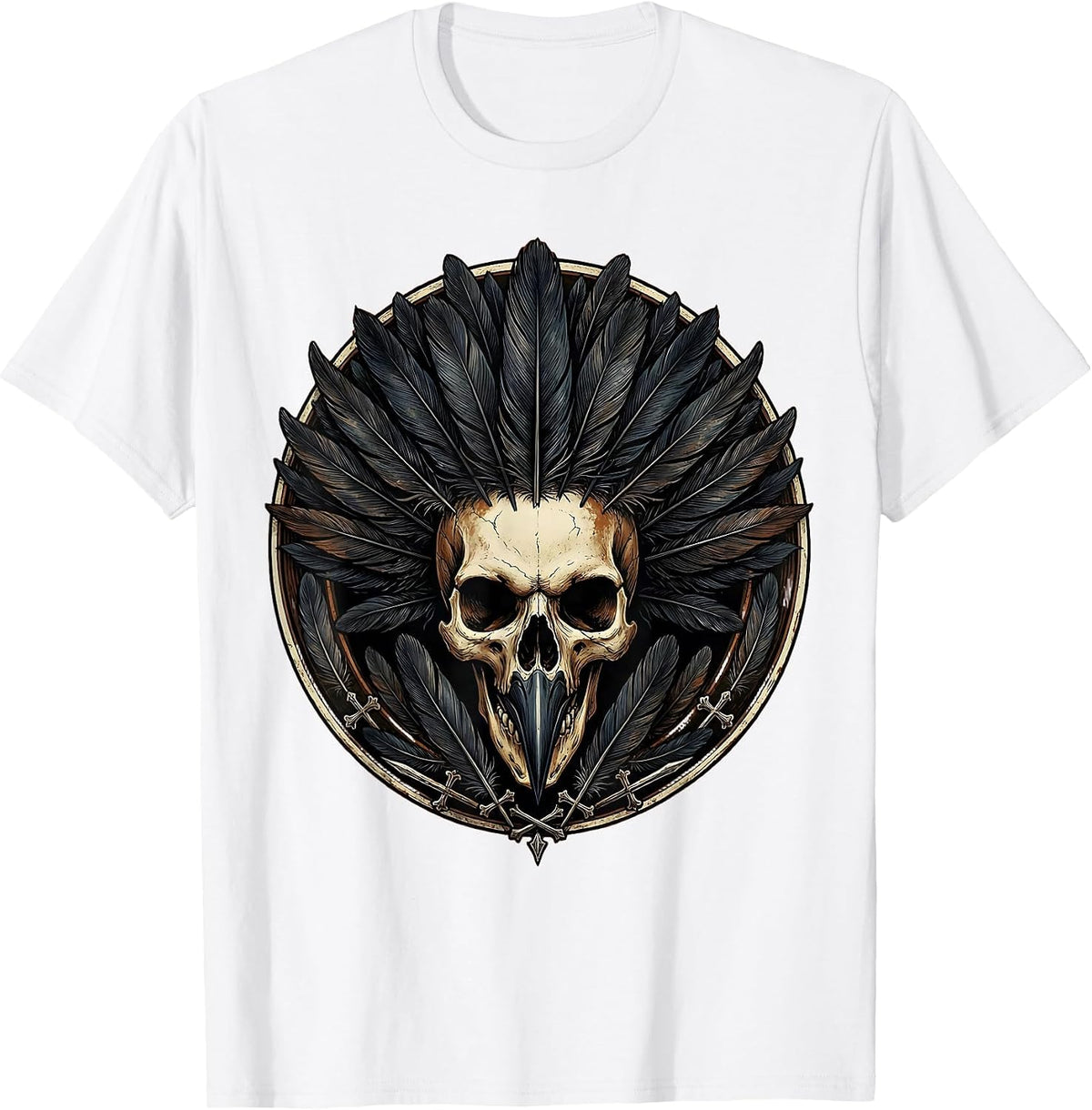 Men's Crow Skull Feather Crown Gothic Art Design T-Shirt - White
