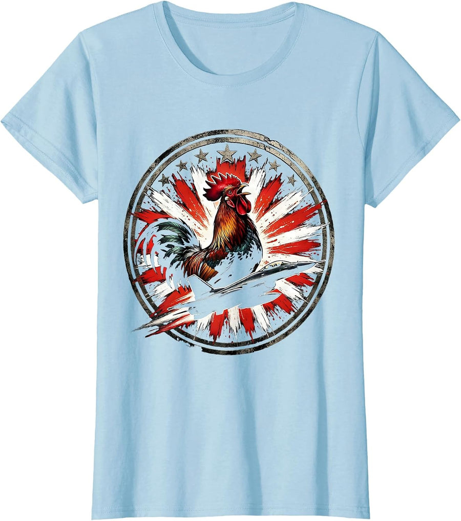 Women's Rooster Crowing at Fiery Sunrise Graphic Tee T-Shirt - Baby Blue