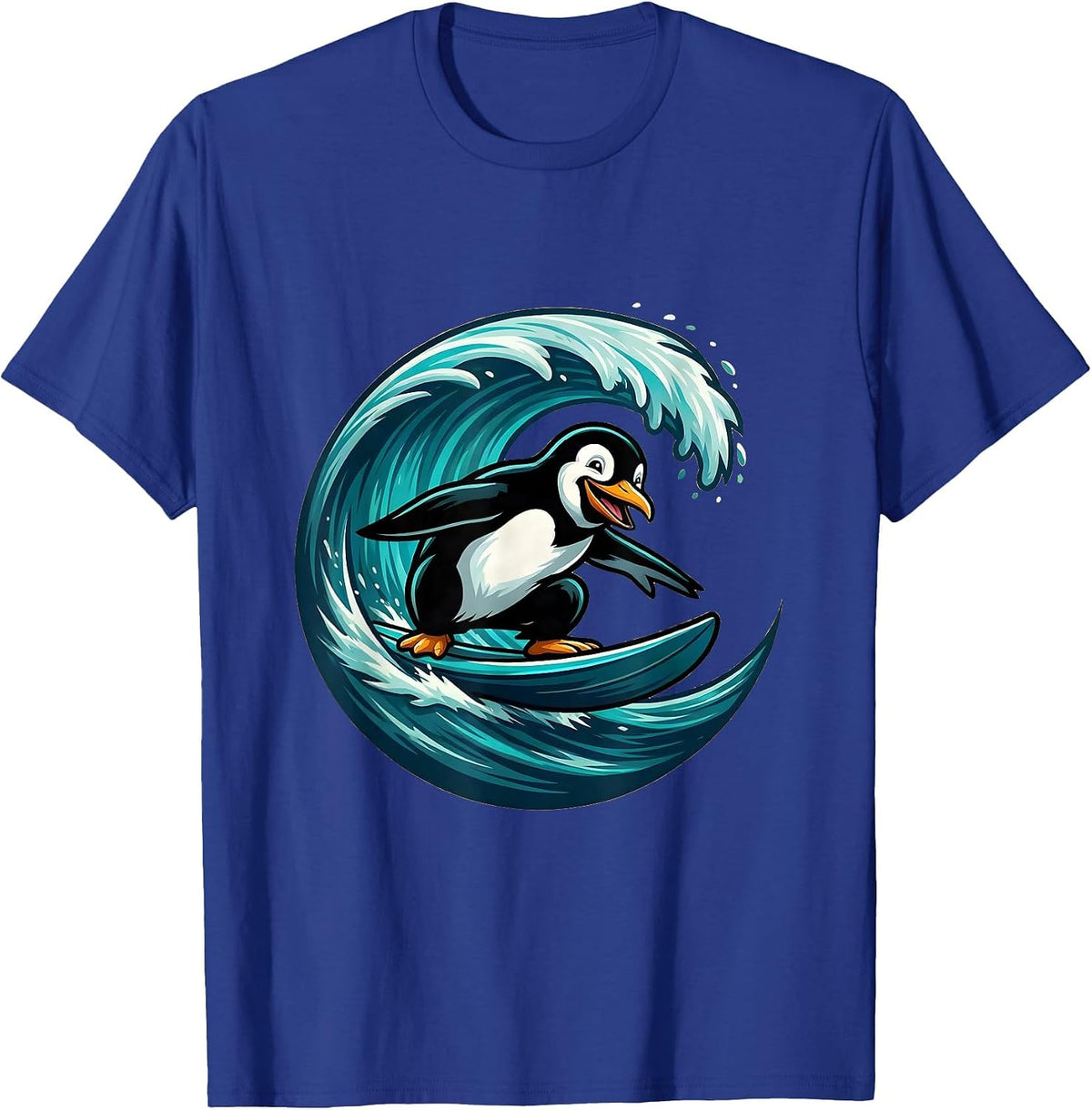 Men's Penguin Surfing a Giant Ocean Wave T-Shirt - Royal Blue