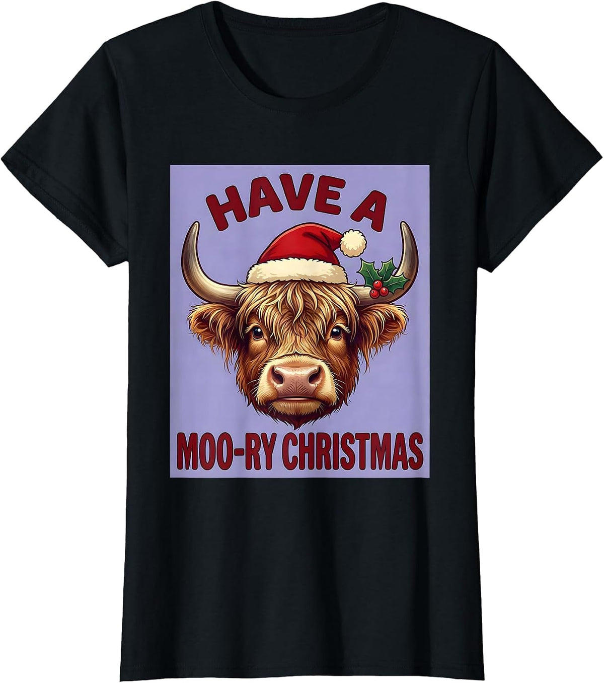 Have A Moo-ry Christmas Cute Kawaii Highland Cow Holiday T-Shirt - Black