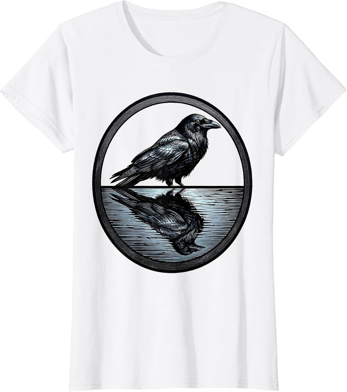 Women's Crow Reflection Dark Water Nature Illustration T-Shirt - White