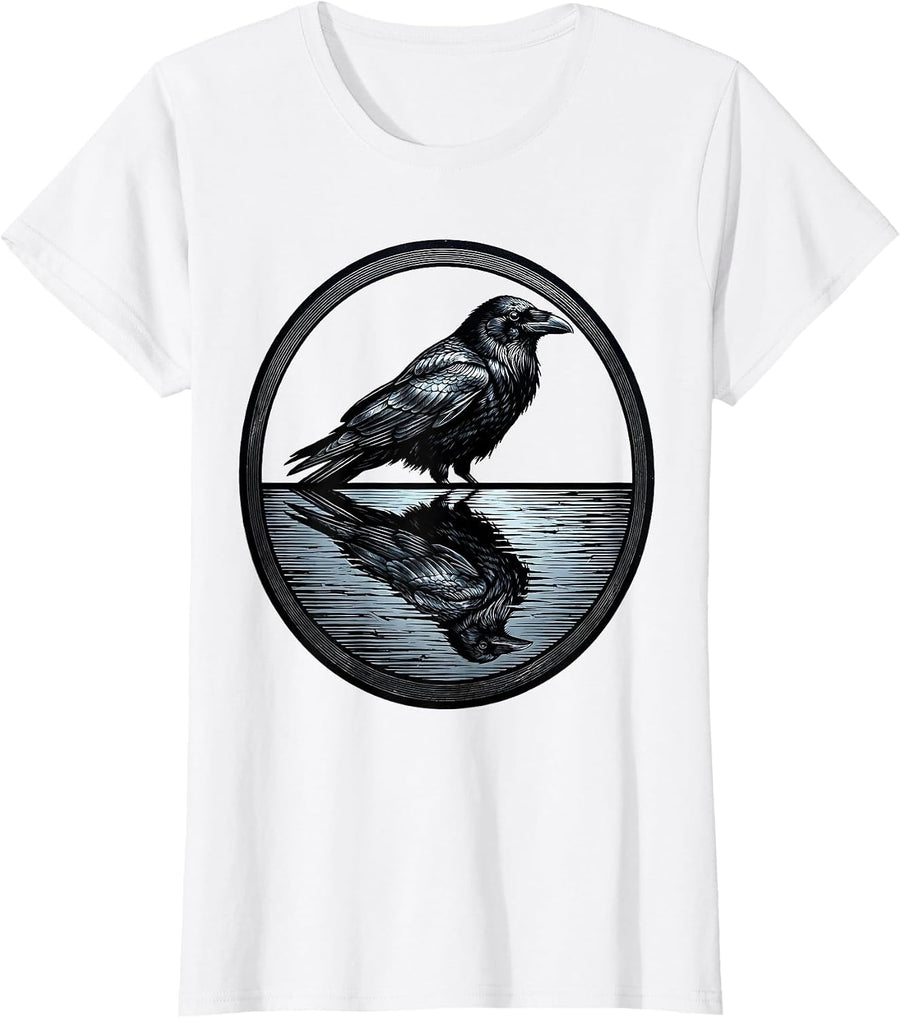 Women's Crow Reflection Dark Water Nature Illustration T-Shirt - White