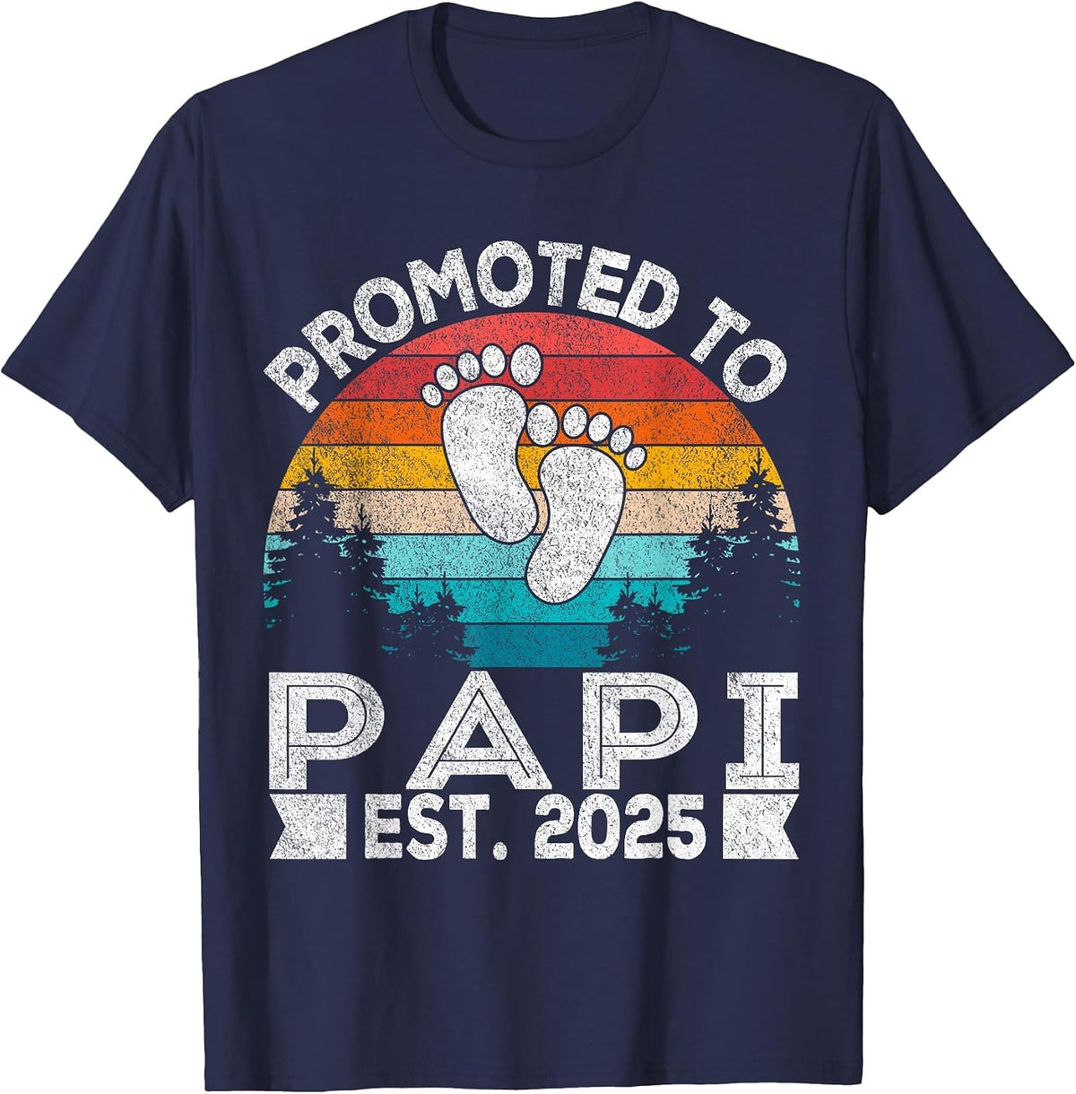 Promoted to Papi Est. 2025 First Time Grandpa Retro T-Shirt - Navy Blue