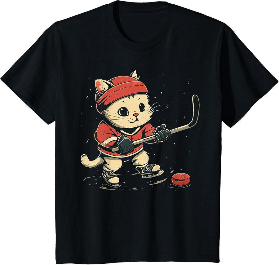 Ice Hockey Mens, Womens & Kids Cat Ice Hockey Player T-Shirt - Black