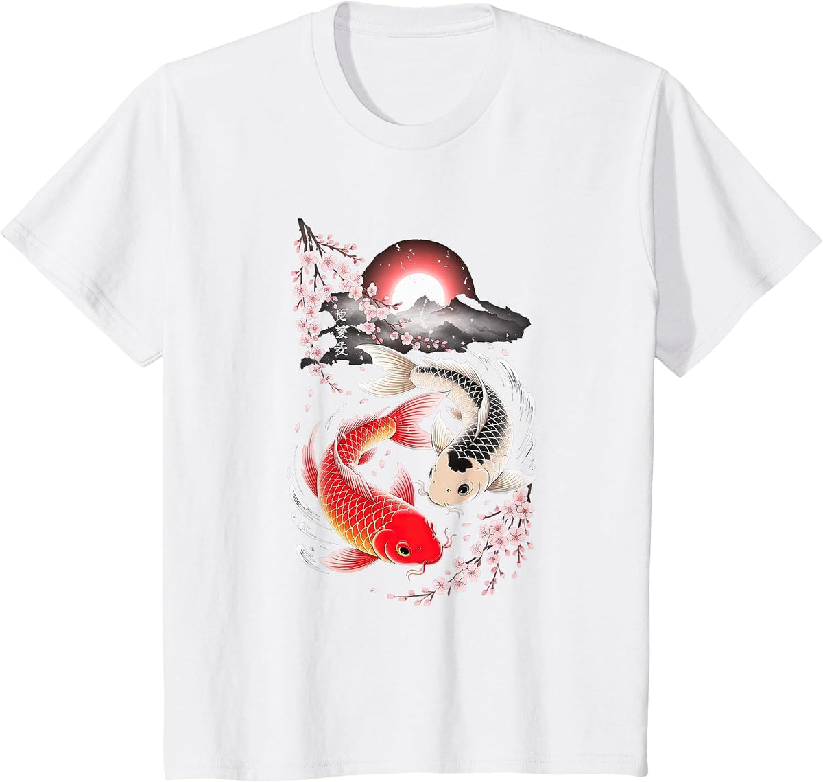 Koi Fish Yin Yang with Cherry Blossom and Water Waves Art T-Shirt - White
