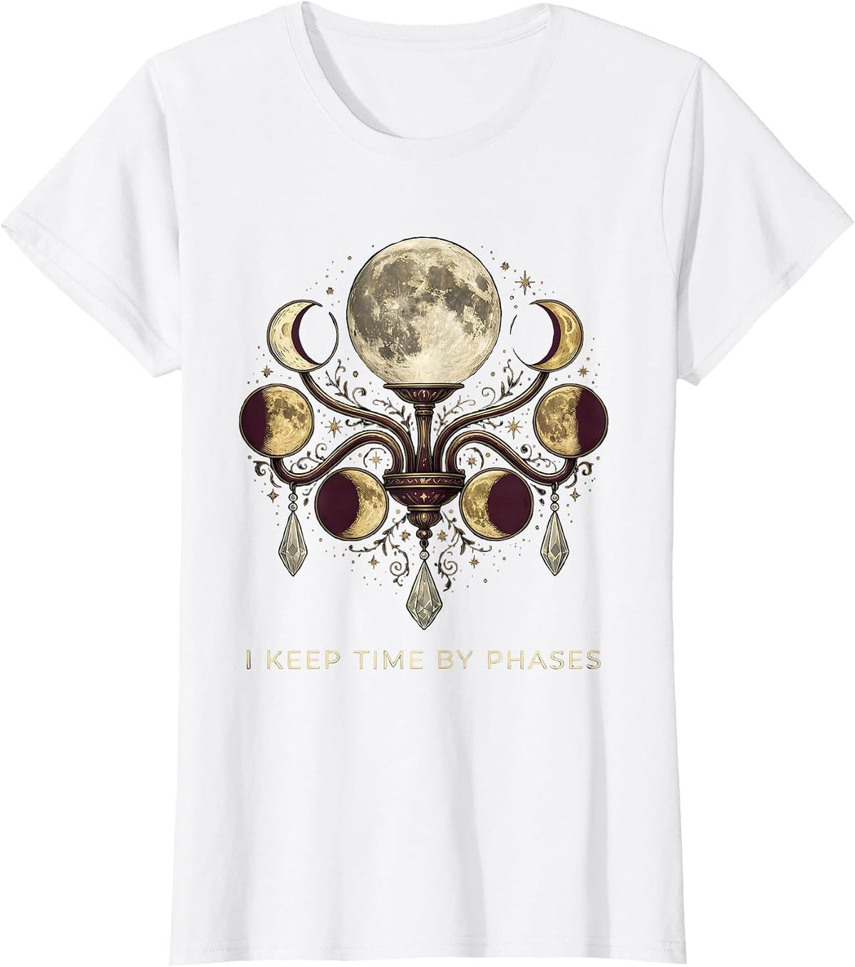 Women's I Keep Time By Phases Whimsigoth Celestial Moon Phase T-Shirt - White