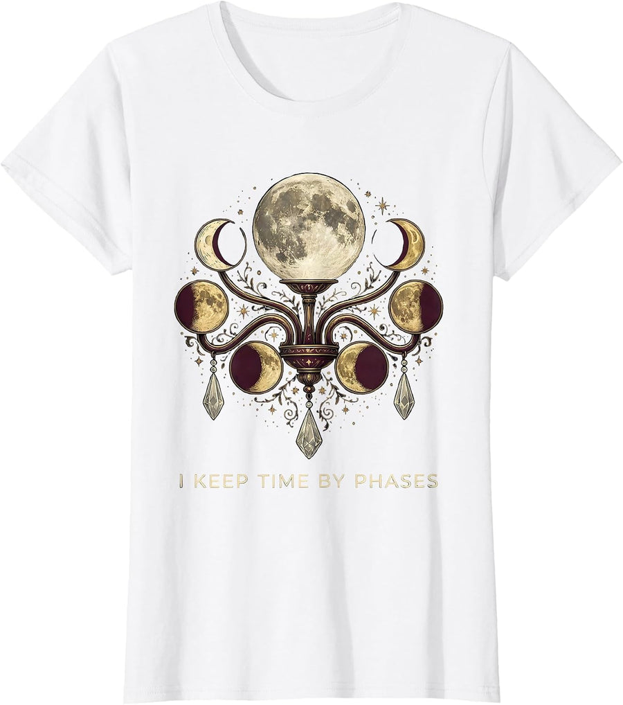 Women's I Keep Time By Phases Whimsigoth Celestial Moon Phase T-Shirt - White