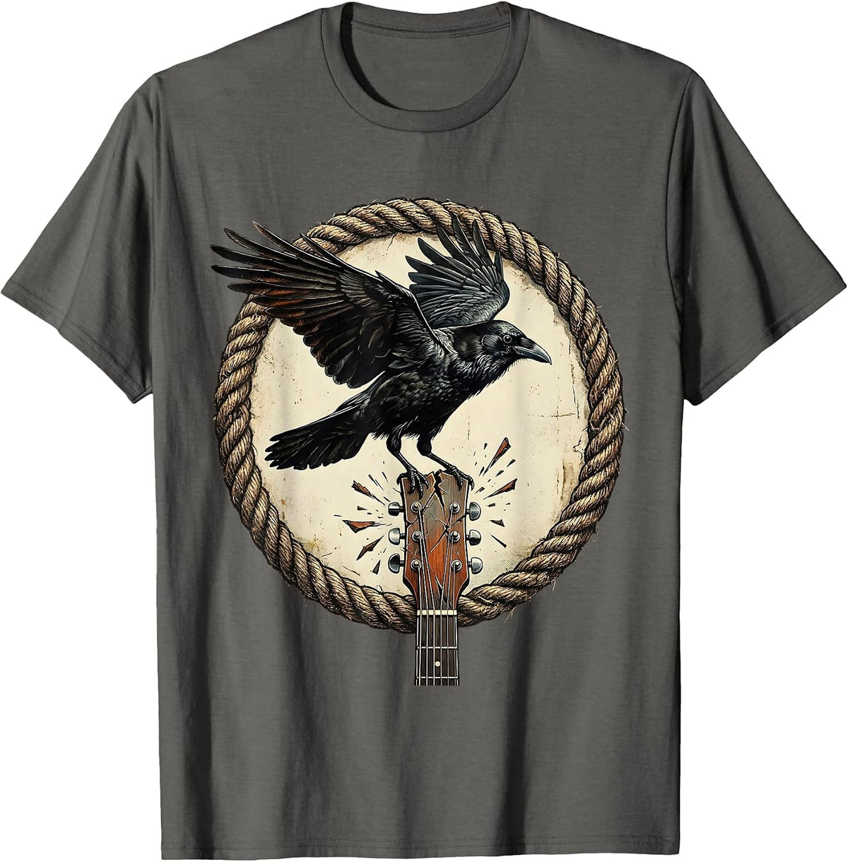 Crow on Broken Guitar Neck Rock Art Design T-Shirt - Asphalt Grey