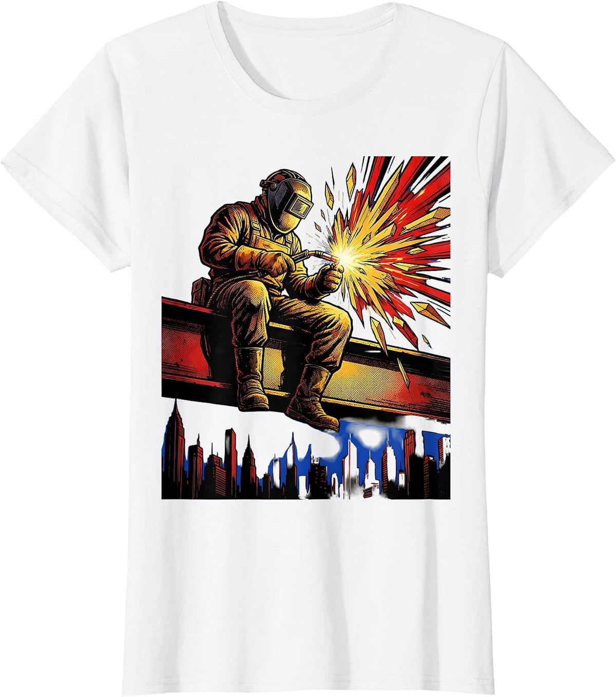 Women's Welder on Iron Beam Above City Skyline T-Shirt - White