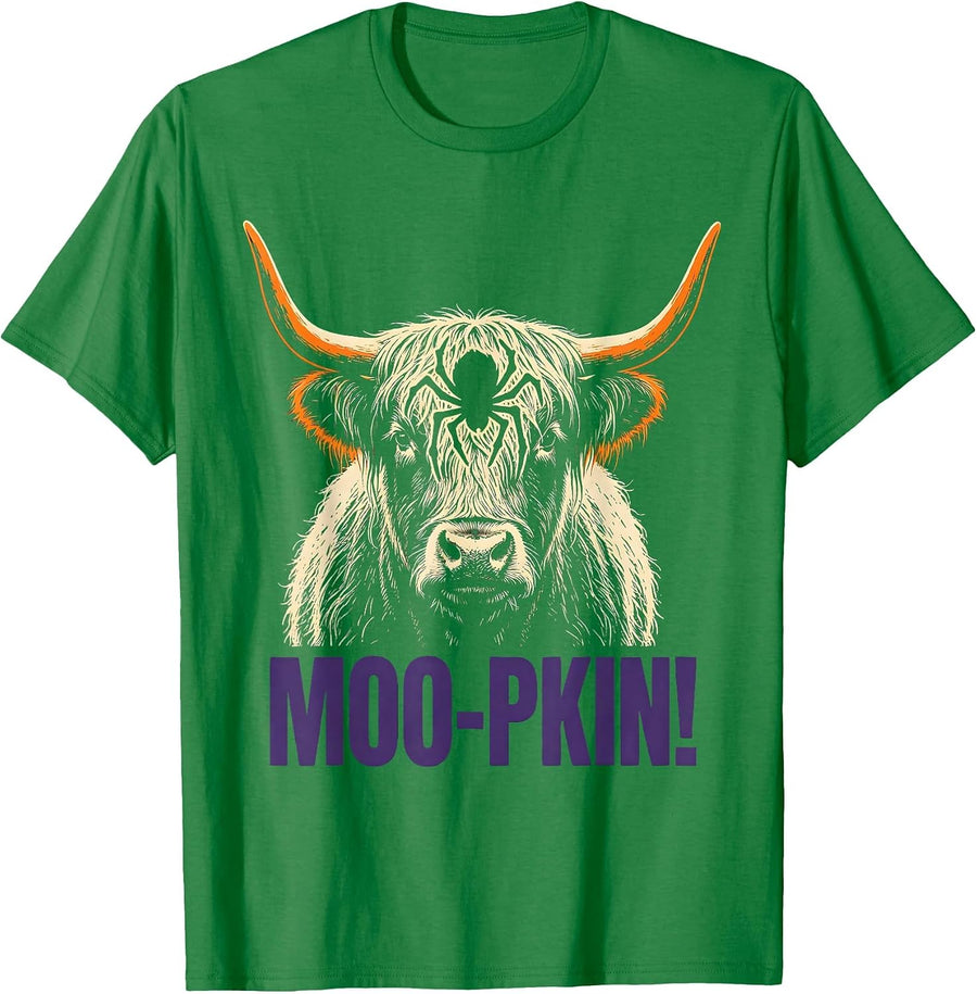 Men's Moo-pkin! Whimsical Highland Cow Halloween Humor Novelty T-Shirt - Kelly Green
