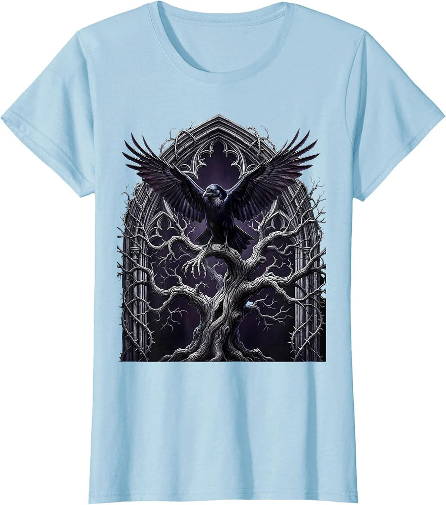 Women's Crow on Twisted Bare Tree Spooky Season Design T-Shirt - Baby Blue