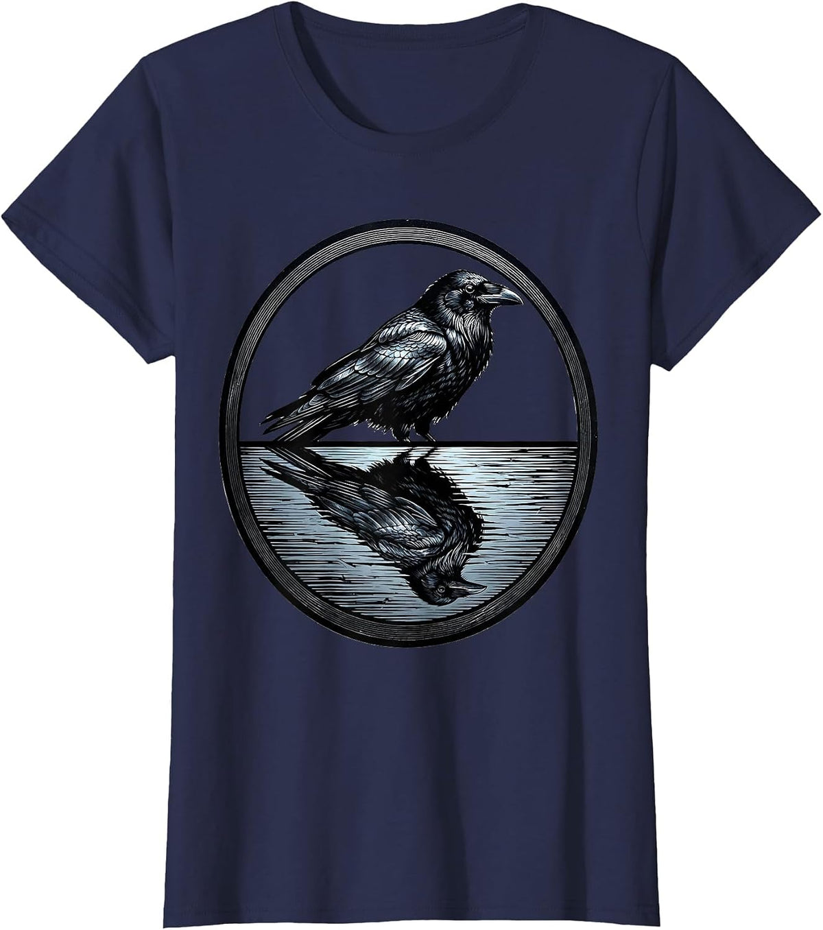 Women's Crow Reflection Dark Water Nature Illustration T-Shirt - Navy Blue