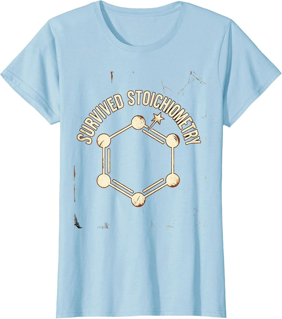 Survived Stoichiometry Distressed Science Humor Chemistry T-Shirt, Women, Baby Blue, Small - As Pictured