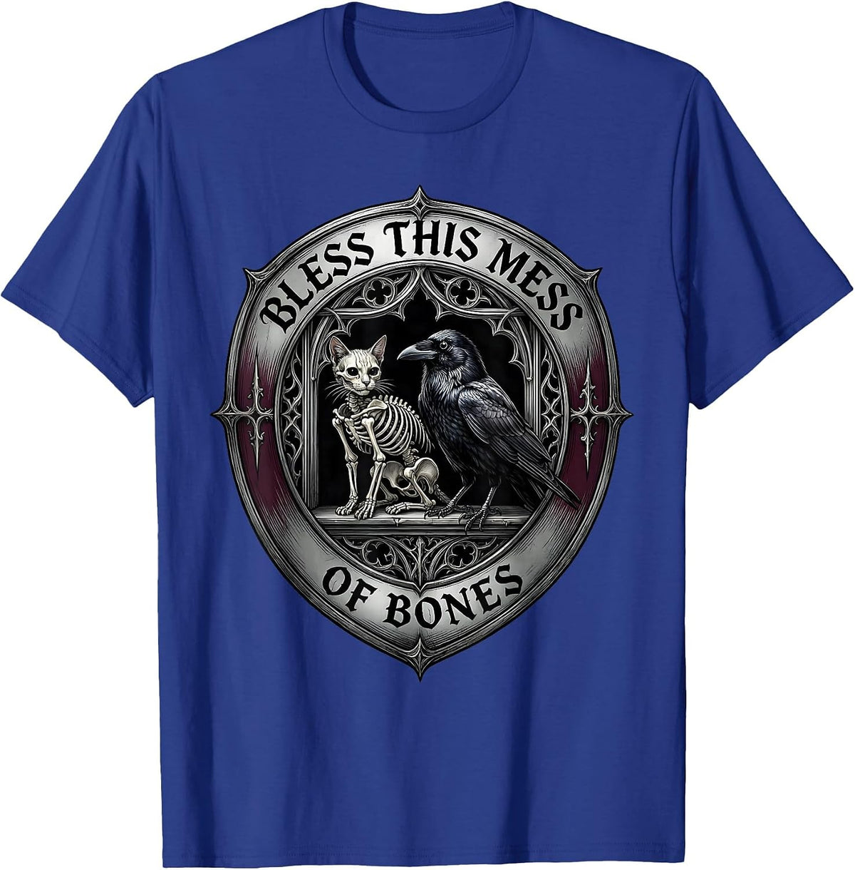 Bless This Mess Of Bones Gothic Horror Occult Cat Crow T-Shirt - Royal Blue