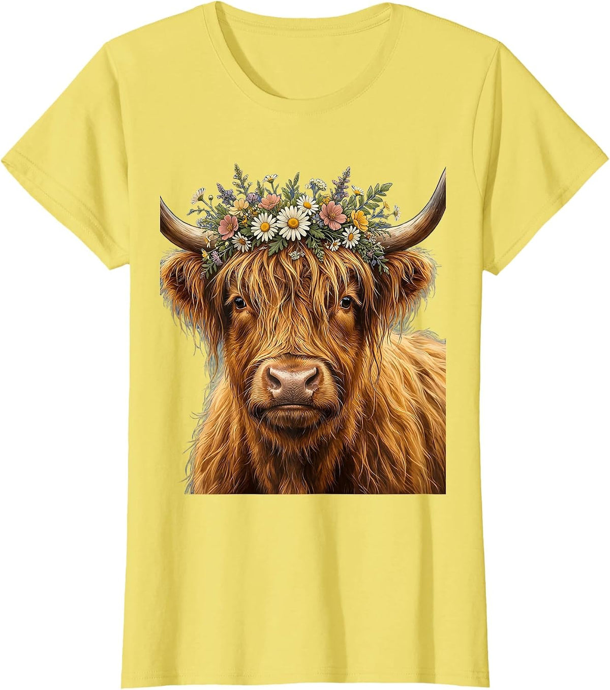 Highland Cow Flower Crown Illustration T-Shirt - Lemon Yellow