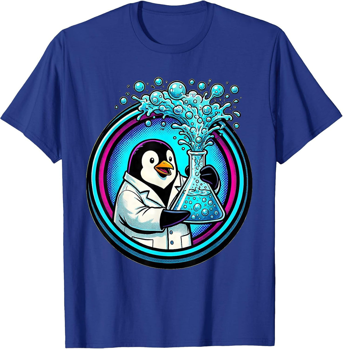 Penguin Scientist with Bubbling Laboratory Flask T-Shirt - Royal Blue