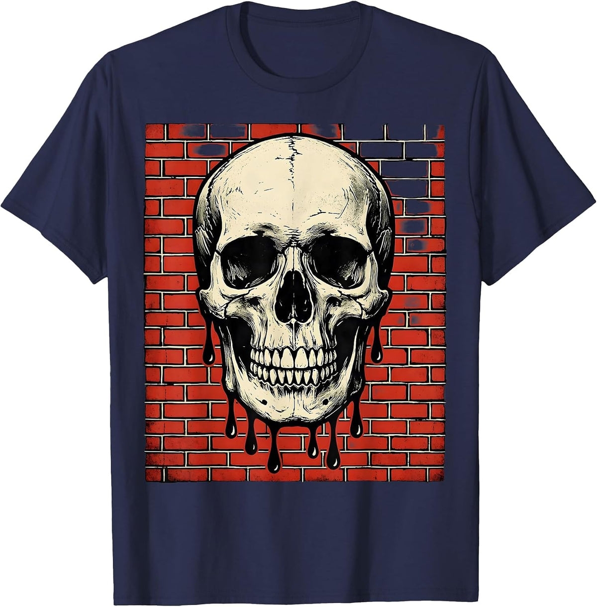 Men's Grunge Dripping Skull on Exposed Brick T-Shirt - Navy Blue