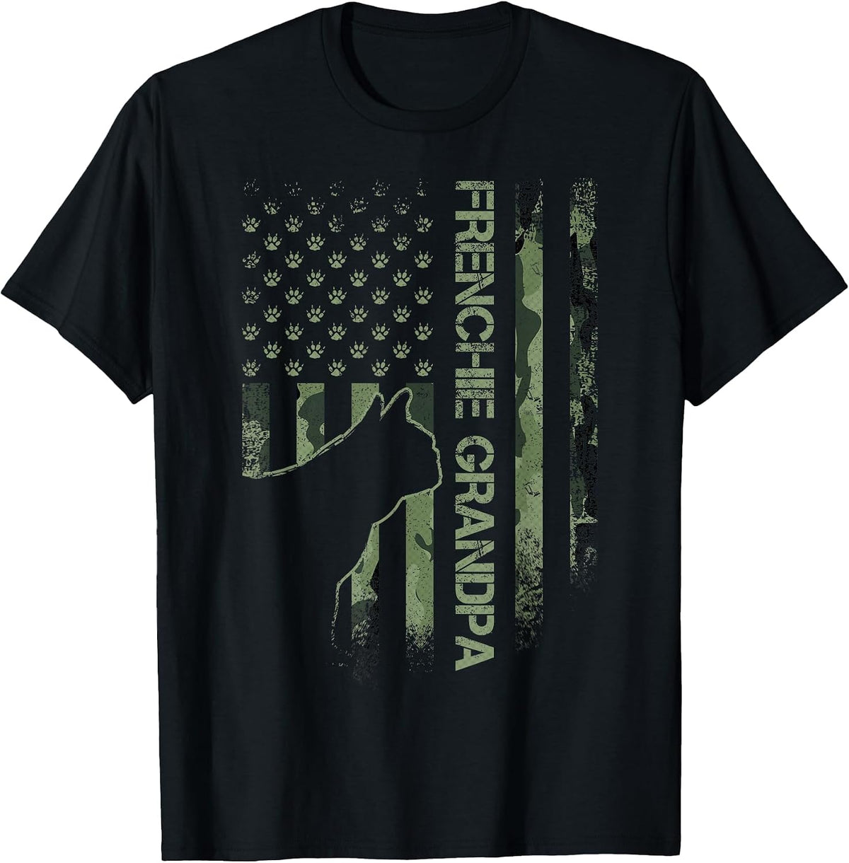 Camo Flag Proud French Bulldog Grandpa Frenchie Silhouette T-Shirt - Black