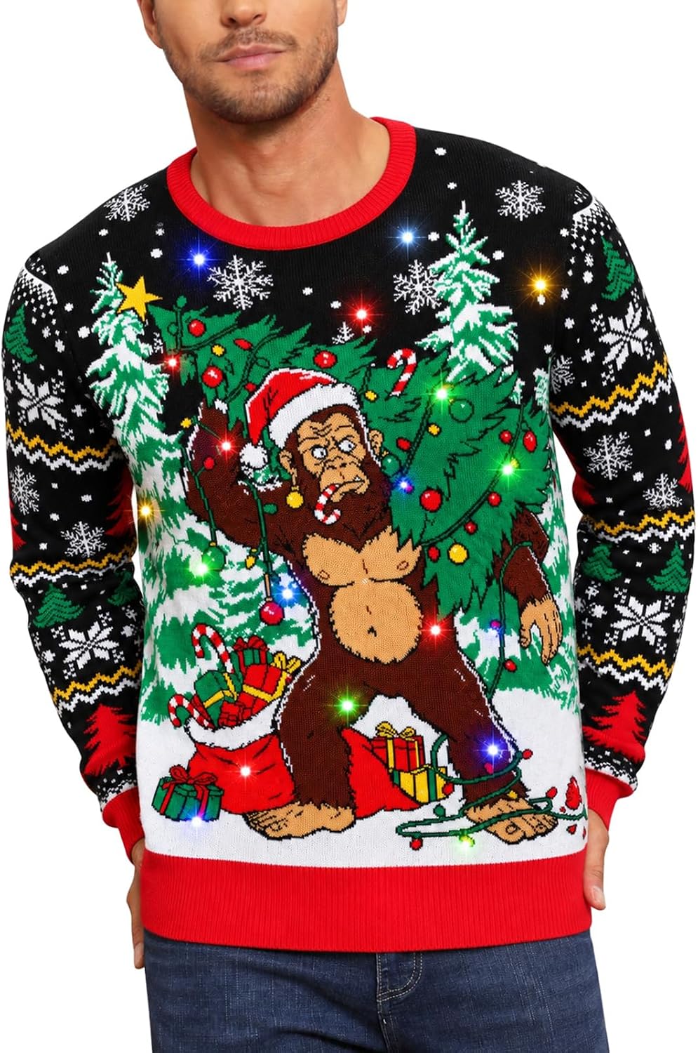 RAISEVERN Men Ugly Christmas Sweater Light Up Long Sleeve Knitted Pullover - Bigfoot 01