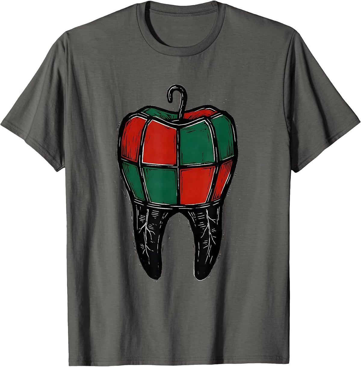 Twin Root Molar Christmas Lantern Linocut Dentist Humor T-Shirt - Asphalt Grey