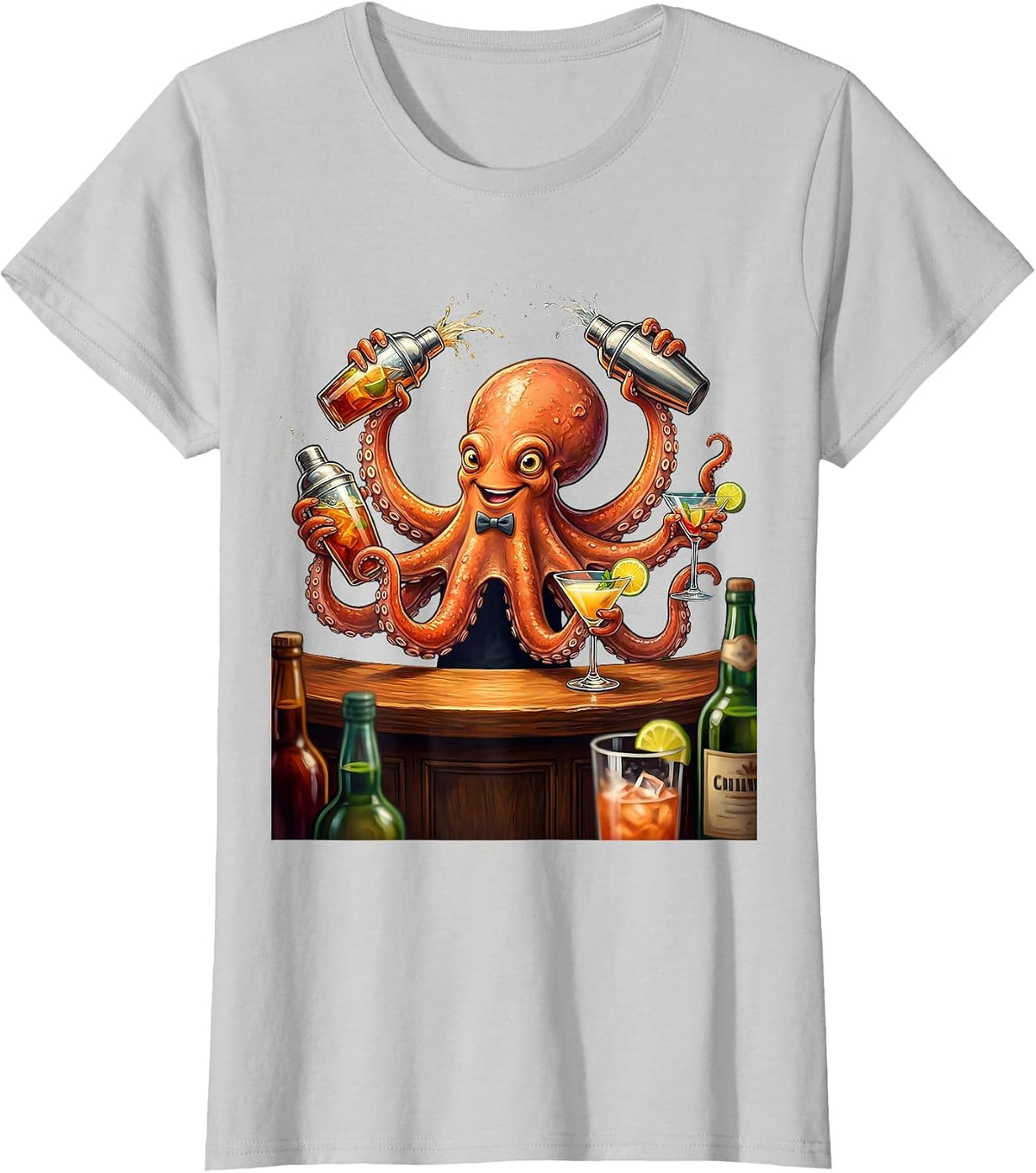 Octopus Bartender Cocktail Shaker Drinking Art T-Shirt - Silver Grey