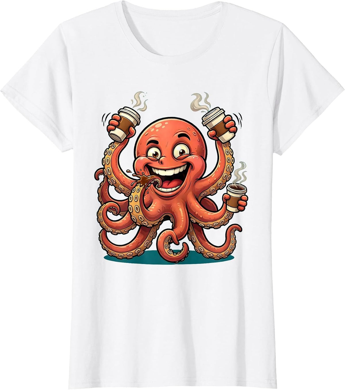 Women's Octopus Multitasking With Eight Coffee Cups T-Shirt - White