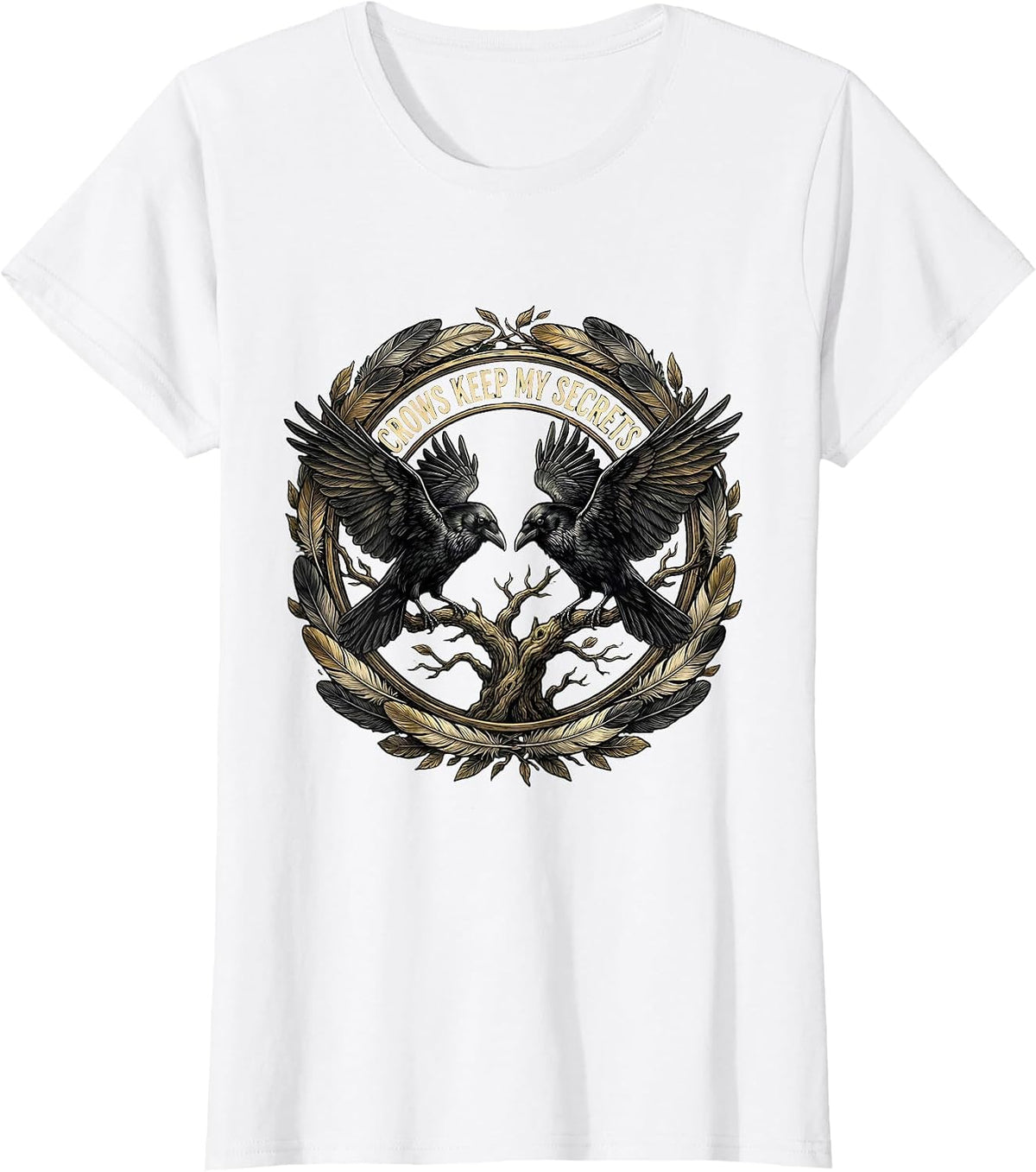 Women's Crows Keep My Secrets Mystic Bird Design T-Shirt - White