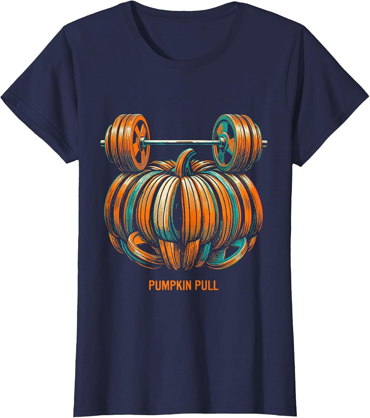 Women's Pumpkin Pull Risograph Halloween Gym Workout Lifting Pun T-Shirt - Navy Blue