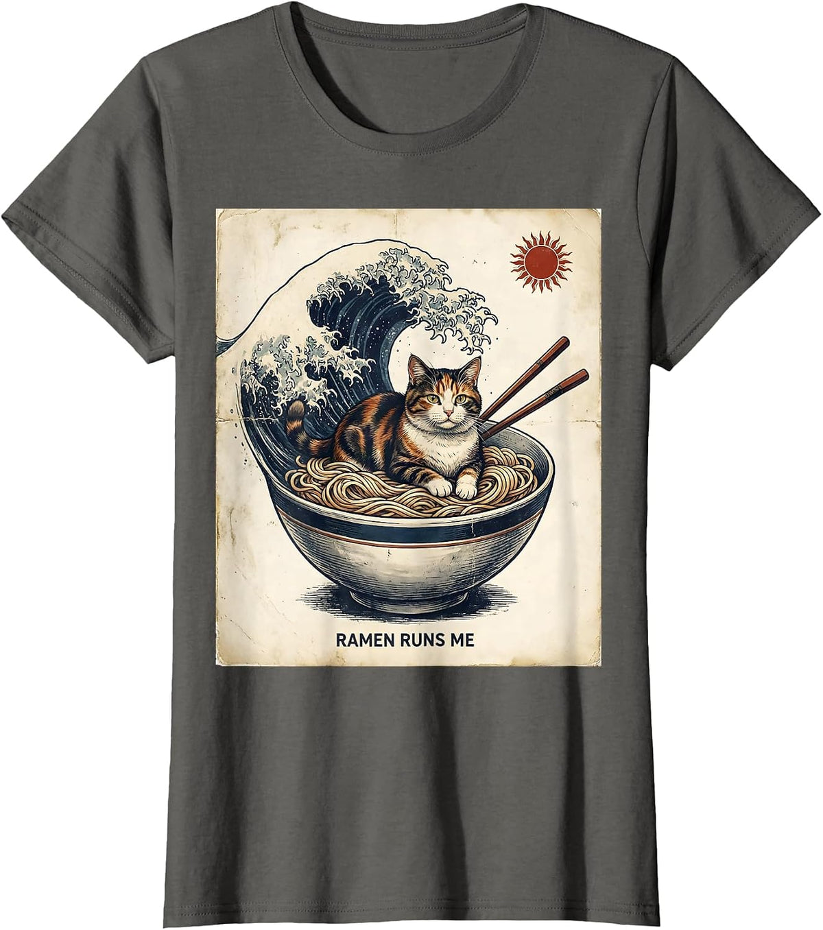 Women's Ramen Runs Me Vintage Anime Cat Novelty Humor T-Shirt - Asphalt Grey