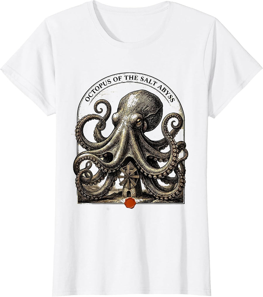 Women's Octopus of the Salt Abyss Antique Plate Japanese Sea T-Shirt - White
