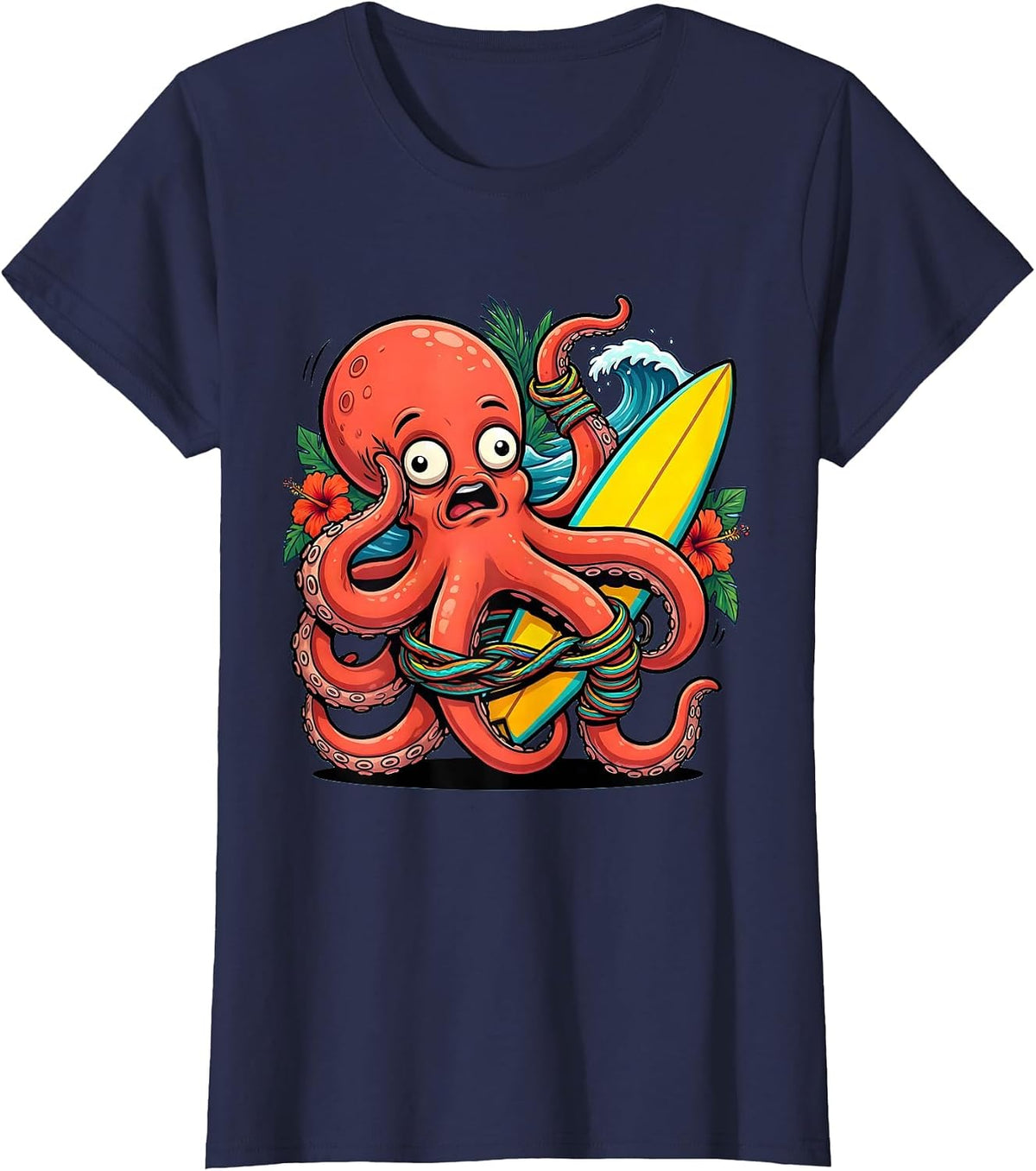 Women's Giant Octopus Tangled Surfboard Leash Hawaiian T-Shirt - Navy Blue