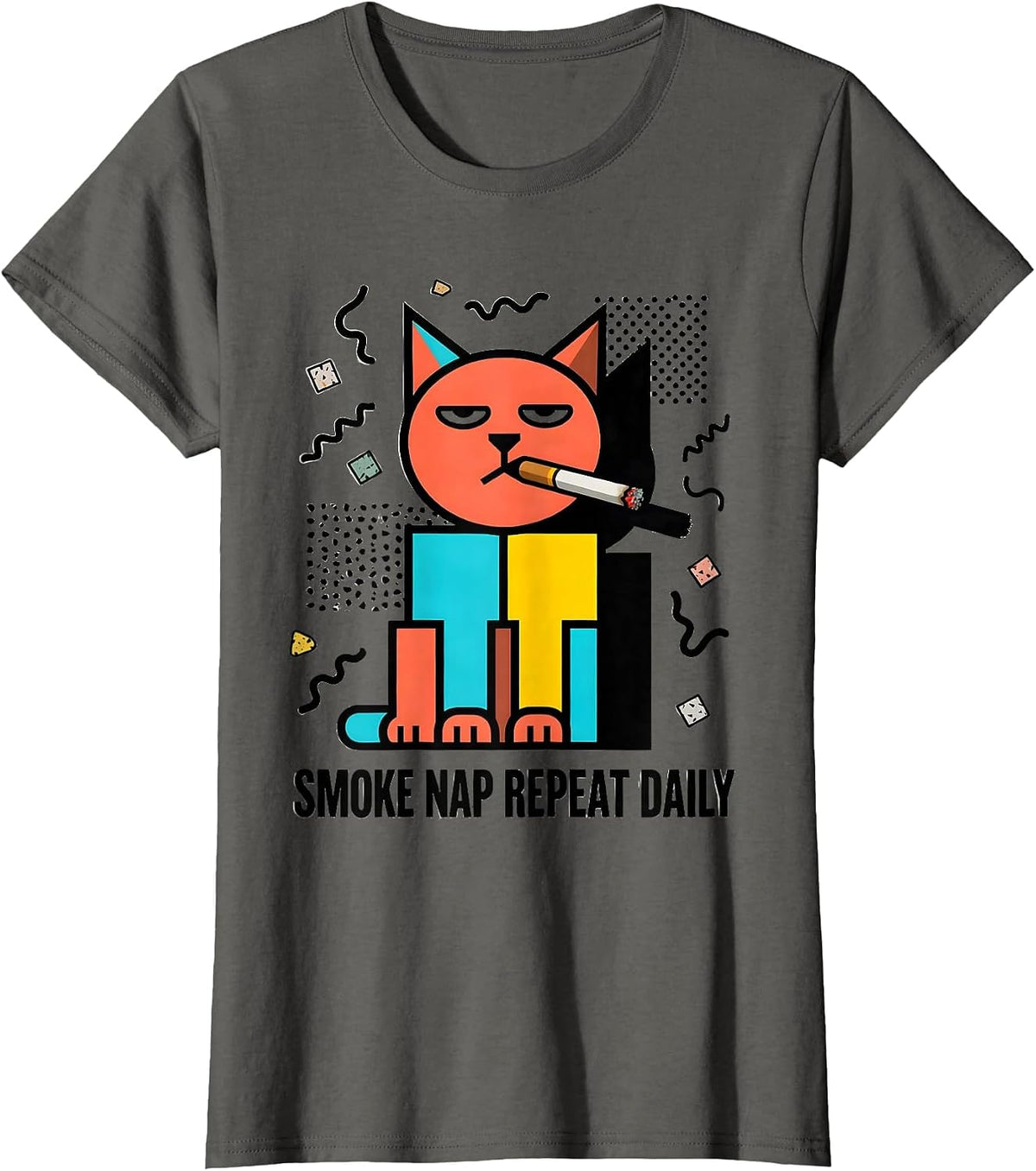 Women's Cat Smoking Cigarette Smoke Nap Repeat Daily T-Shirt - Asphalt Grey